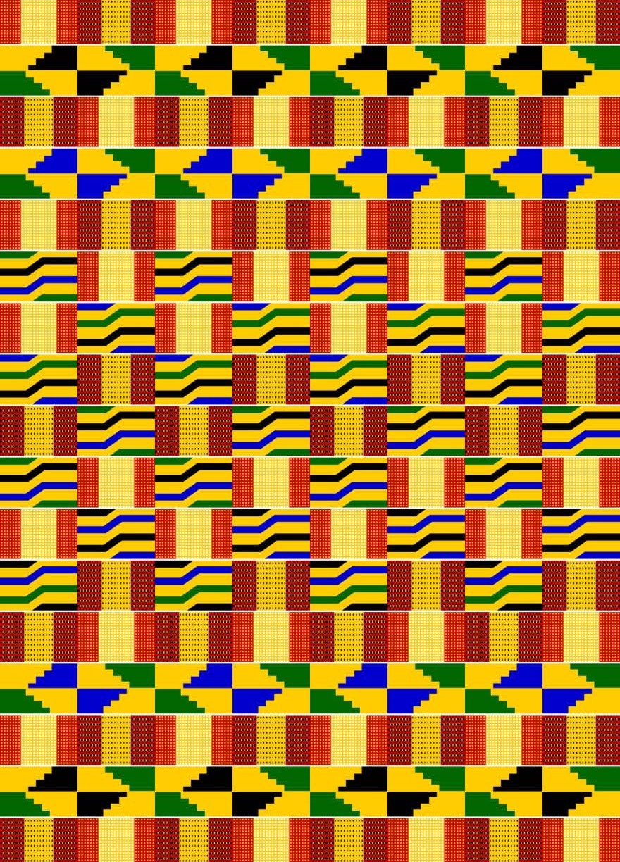 Tela africana en algodón con rombos naranja, zigzag rojo y franjas moradas y verdes