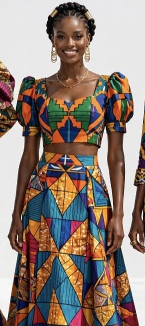 Inspiración de conjunto de top corto y falda amplia en estampado africano