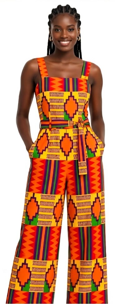 Inspiración de enterizo de pierna ancha en estampado kente