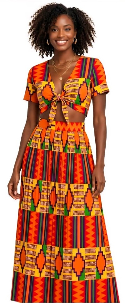 Inspiración de top anudado y falda larga en estampado kente