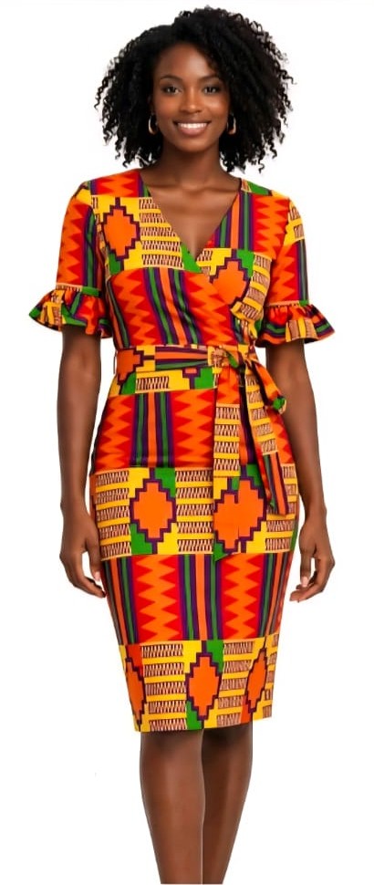 Inspiración de vestido cruzado con lazo en estampado kente naranja