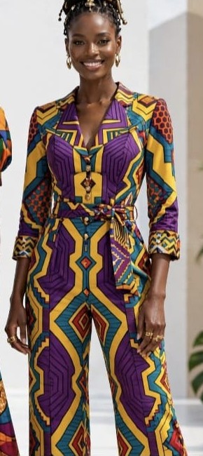 Inspiración de enterizo con cinturón en estampado africano morado y amarillo