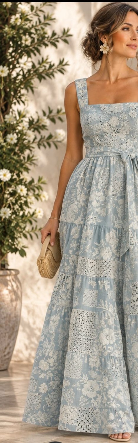 Inspiración de vestido largo azul claro con motivos florales
