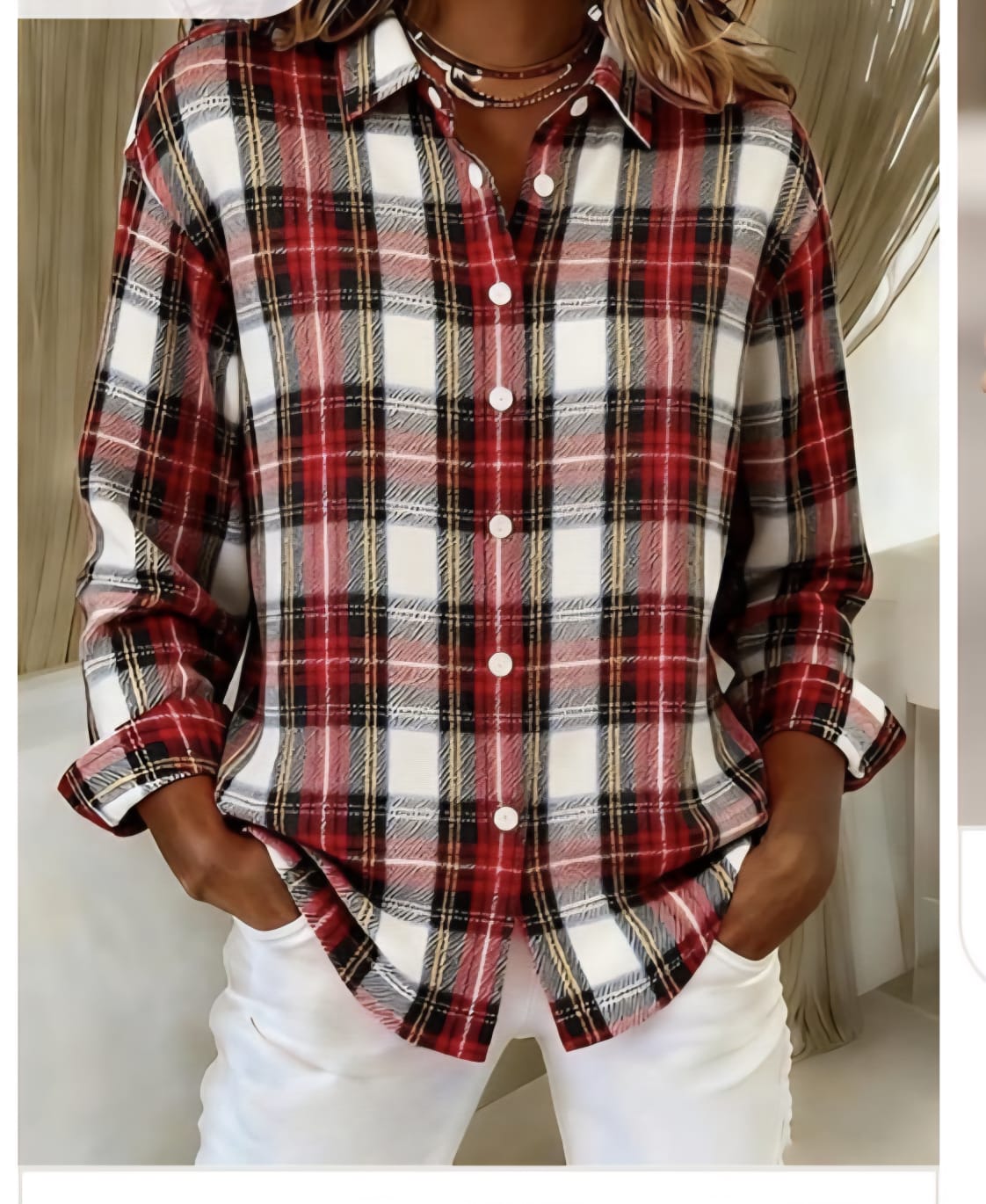 Inspiración de camisa a cuadros rojos, blancos y oscuros con botones