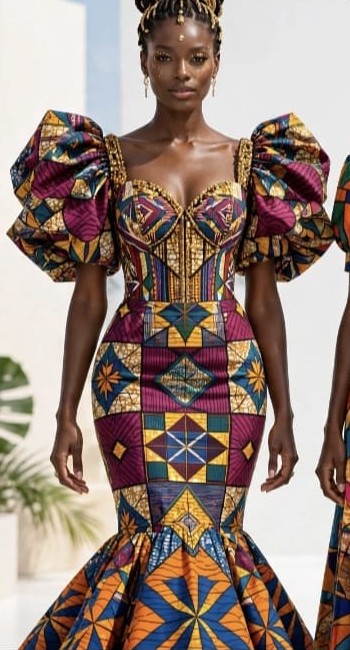 Inspiración de vestido sirena con mangas voluminosas en estampado africano