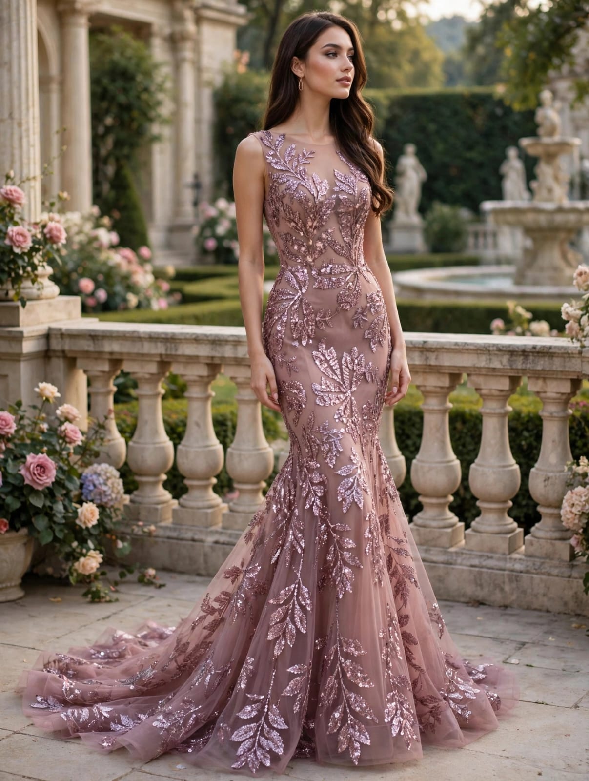 Inspiración de vestido largo en rosa empolvado con detalles brillantes de hojas