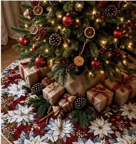 Inspiración de pie de árbol navideño con flores blancas y fondo rojo
