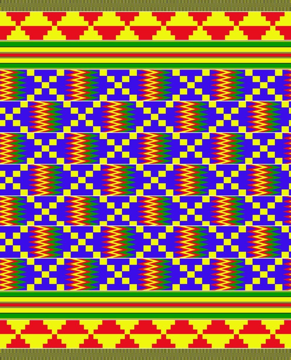 Tela africana en algodón con zigzag multicolor y cruces amarillas sobre azul