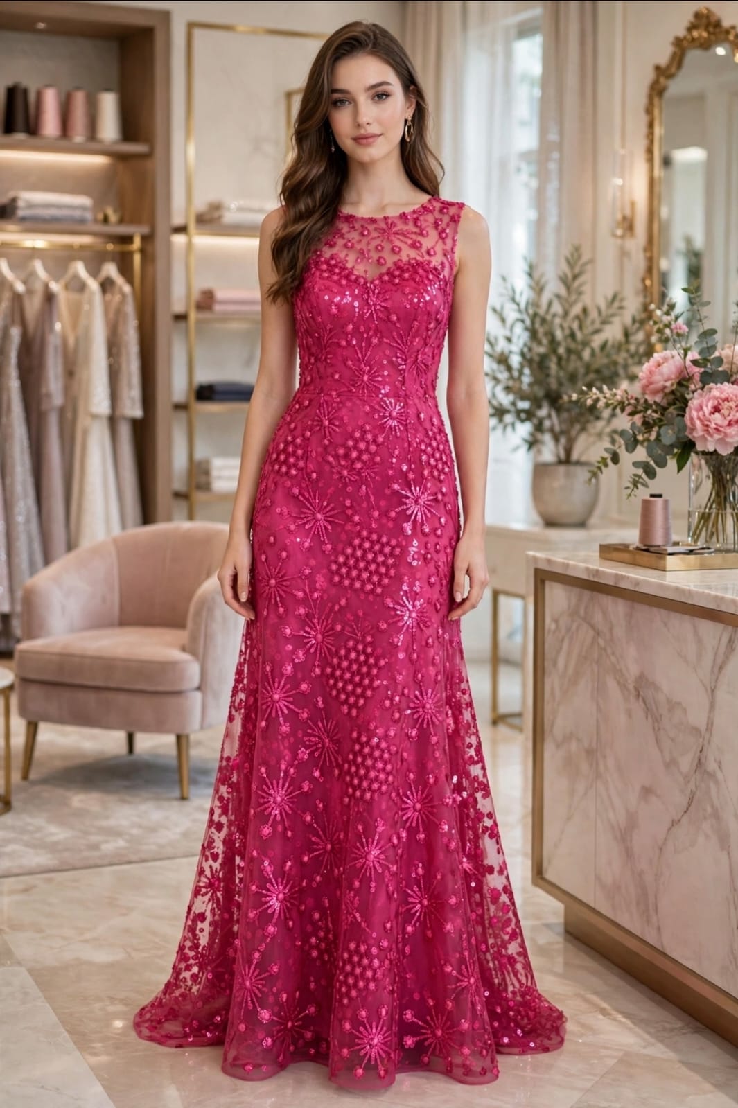 Inspiración de vestido largo fucsia con bordados florales y detalles brillantes