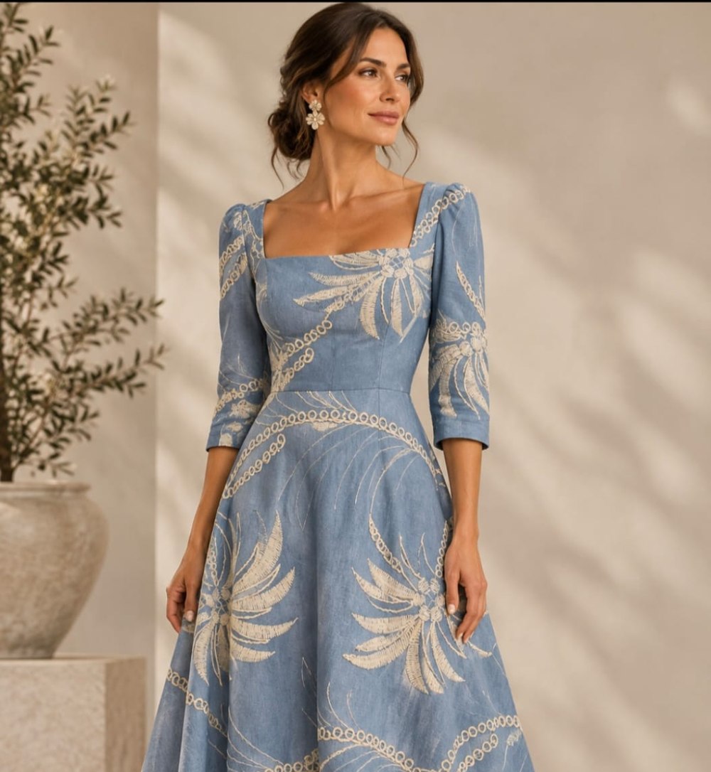Inspiración de vestido midi azul con mangas y bordados claros